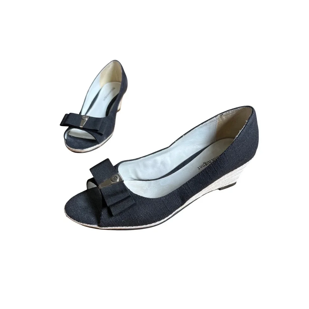Etienne Aigner Digit Black Canvas Peep Toe Wedge Heels with Bow Size 6.5M